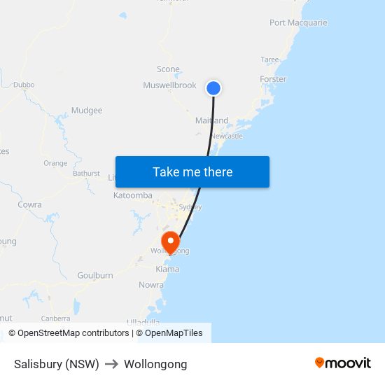 Salisbury (NSW) to Wollongong map