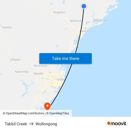 Tabbil Creek to Wollongong map