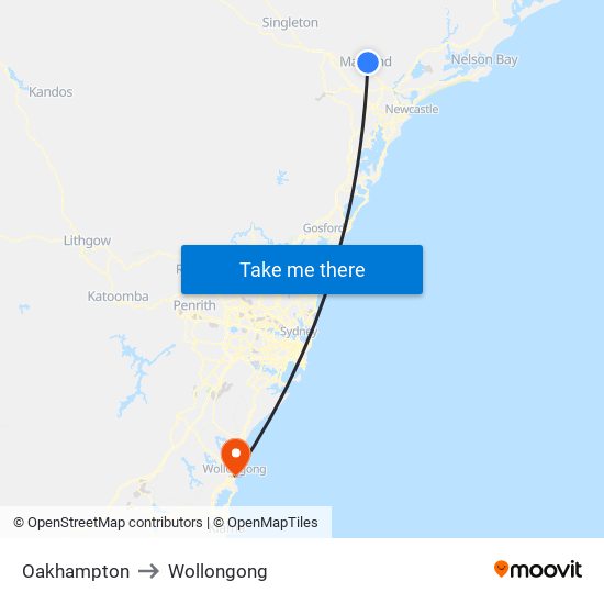 Oakhampton to Wollongong map