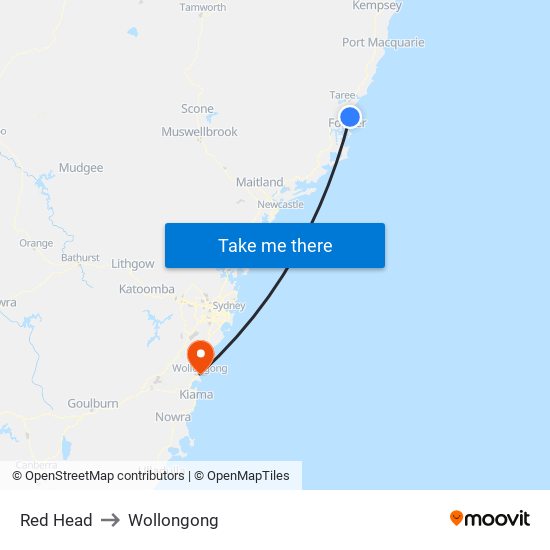 Red Head to Wollongong map