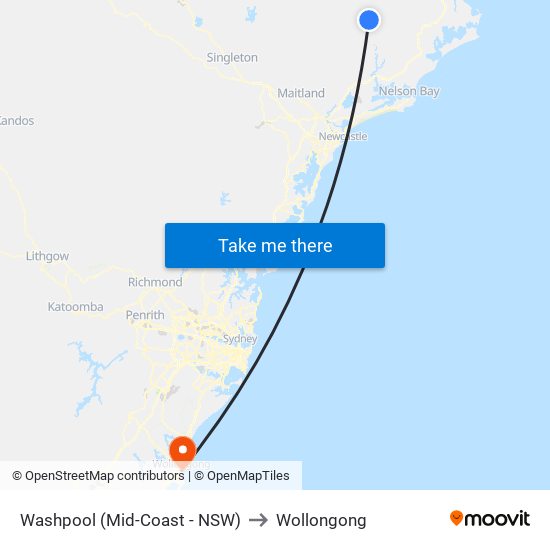 Washpool (Mid-Coast - NSW) to Wollongong map