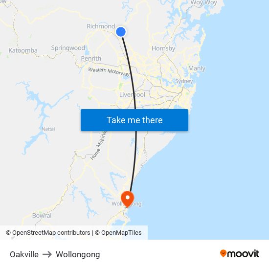 Oakville to Wollongong map