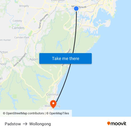 Padstow to Wollongong map