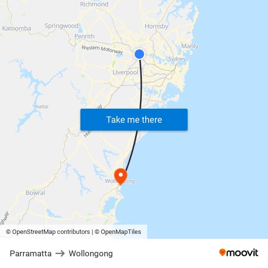 Parramatta to Wollongong map