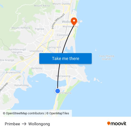 Primbee to Wollongong map