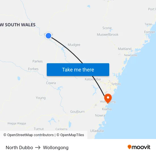 North Dubbo to Wollongong map
