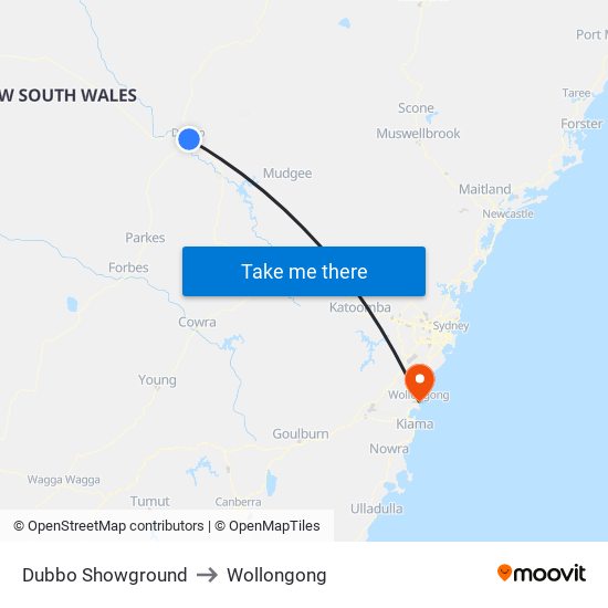 Dubbo Showground to Wollongong map