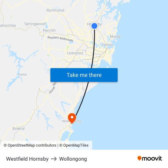Westfield Hornsby to Wollongong map