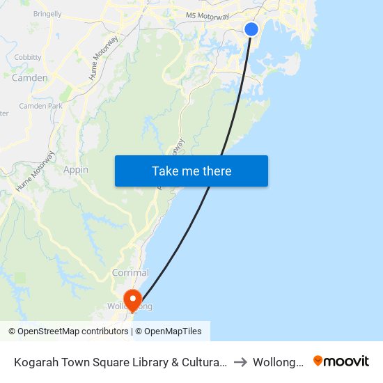 Kogarah Library to Wollongong map