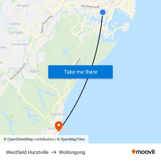 Westfield Hurstville to Wollongong map