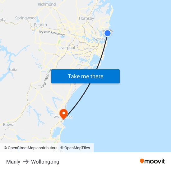 Manly to Wollongong map