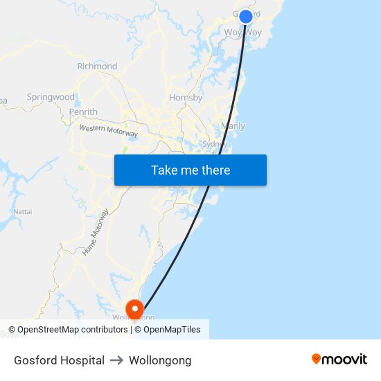 Gosford Hospital to Wollongong map