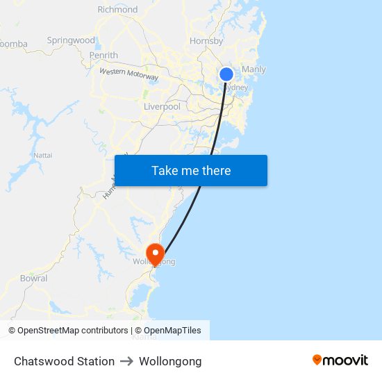 Chatswood Station to Wollongong map