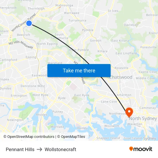 Pennant Hills to Wollstonecraft map