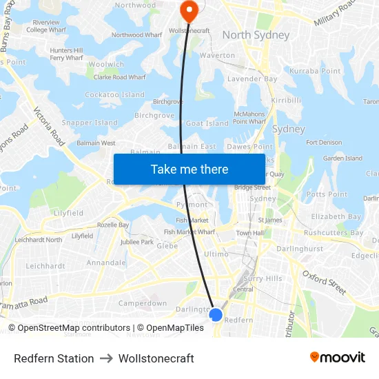 Redfern Station to Wollstonecraft map