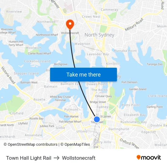 Town Hall Light Rail to Wollstonecraft map