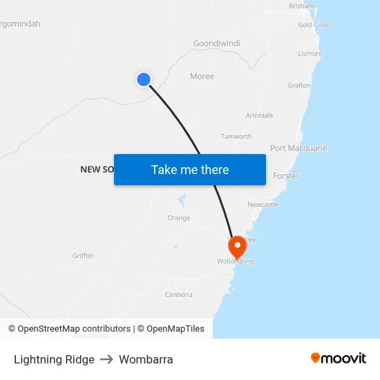 Lightning Ridge to Wombarra map