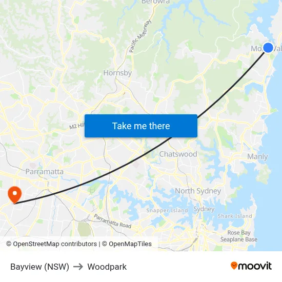 Bayview (NSW) to Woodpark map