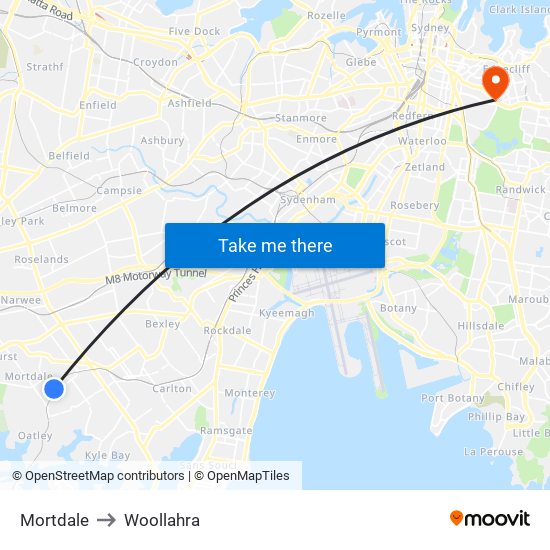 Mortdale to Woollahra map