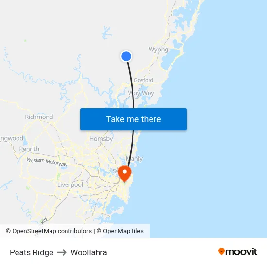Peats Ridge to Woollahra map