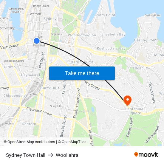 Sydney Town Hall to Woollahra map