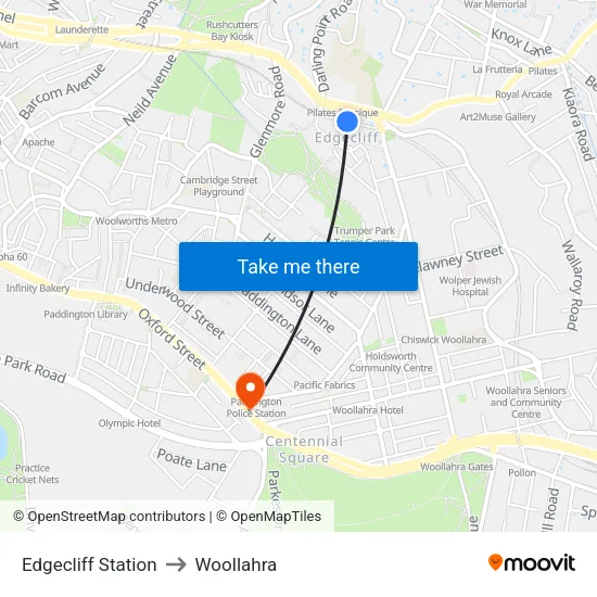 Edgecliff Station to Woollahra map