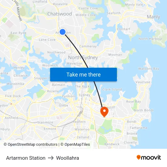 Artarmon Station to Woollahra map