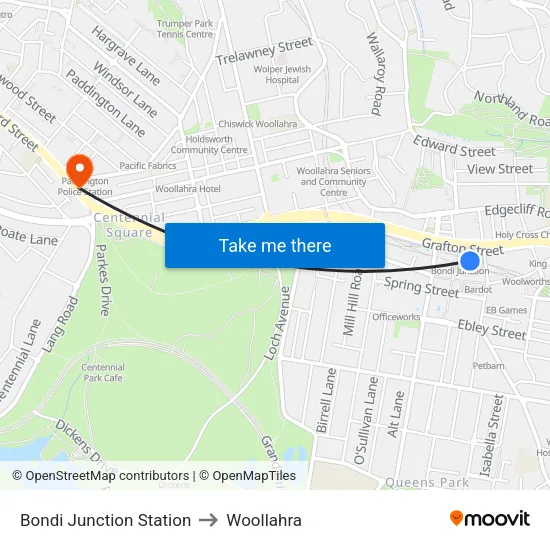 Bondi Junction Station to Woollahra map