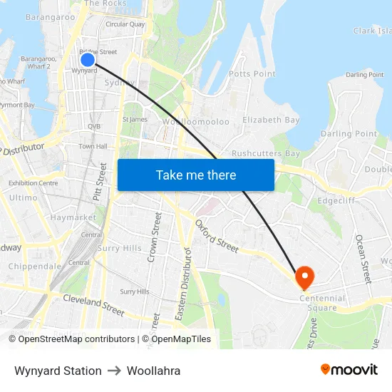 Wynyard Station to Woollahra map