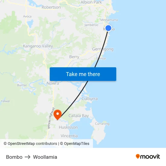 Bombo to Woollamia map