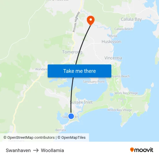 Swanhaven to Woollamia map