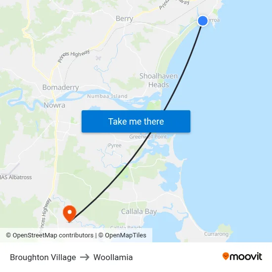 Broughton Village to Woollamia map