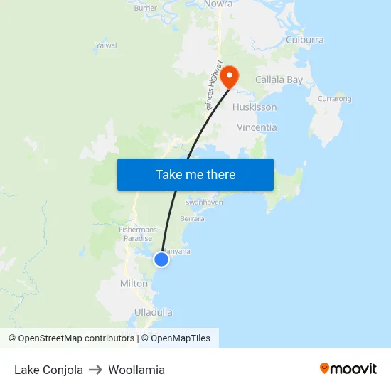 Lake Conjola to Woollamia map