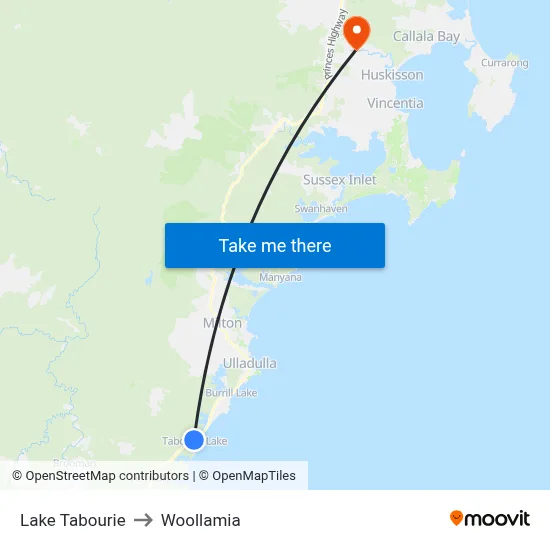Lake Tabourie to Woollamia map