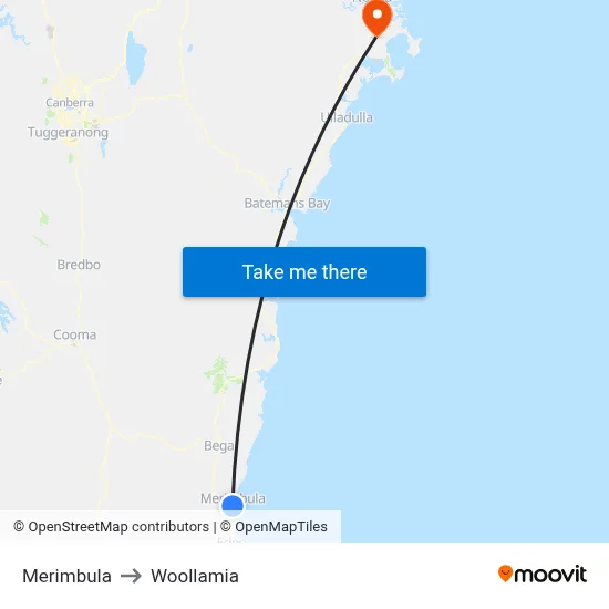 Merimbula to Woollamia map