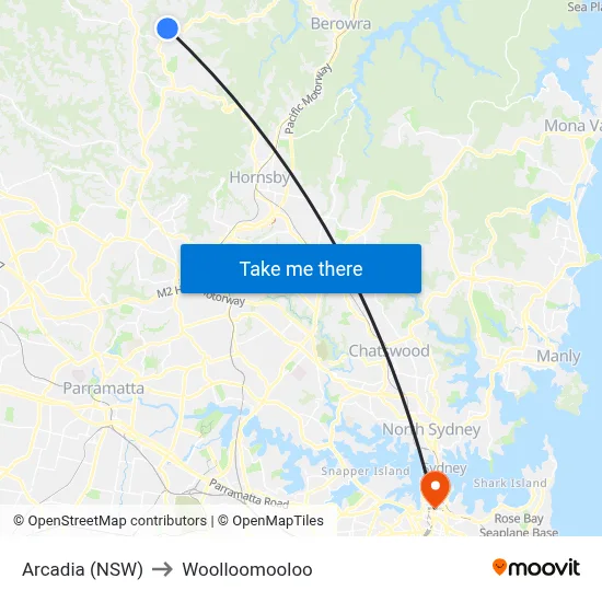 Arcadia (NSW) to Woolloomooloo map