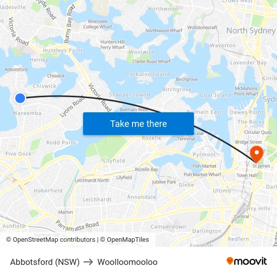 Abbotsford (NSW) to Woolloomooloo map