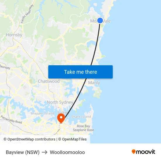 Bayview (NSW) to Woolloomooloo map