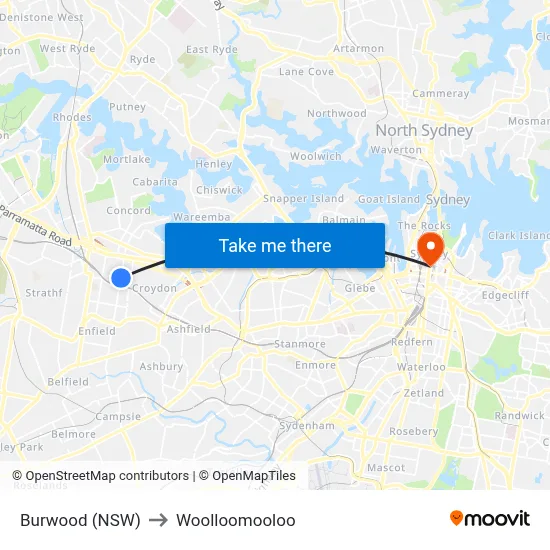 Burwood (NSW) to Woolloomooloo map