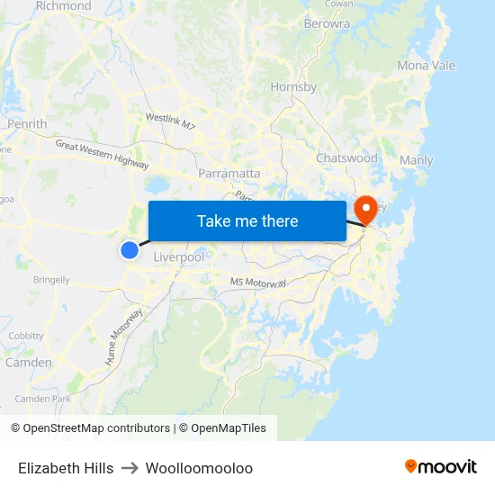 Elizabeth Hills to Woolloomooloo map