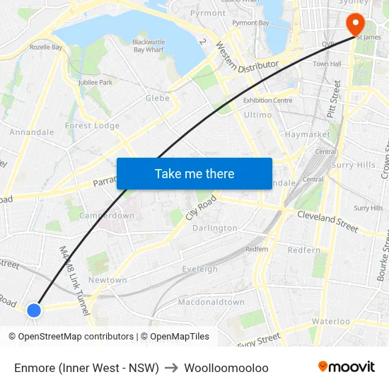 Enmore (Inner West - NSW) to Woolloomooloo map