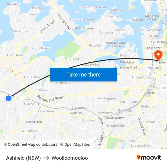 Ashfield (NSW) to Woolloomooloo map