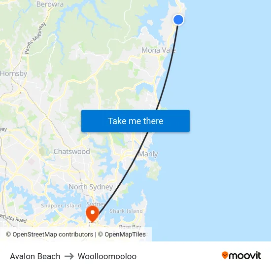 Avalon Beach to Woolloomooloo map