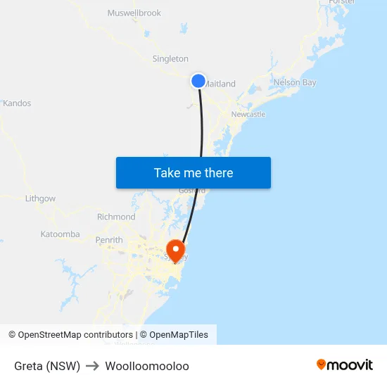 Greta (NSW) to Woolloomooloo map