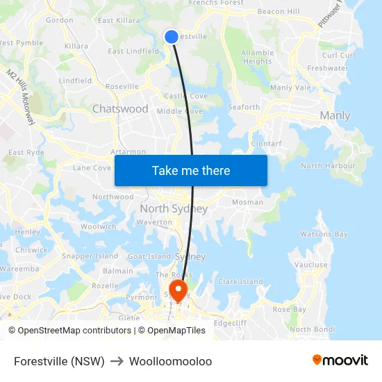 Forestville (NSW) to Woolloomooloo map