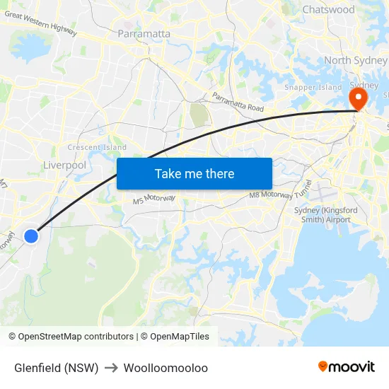 Glenfield (NSW) to Woolloomooloo map