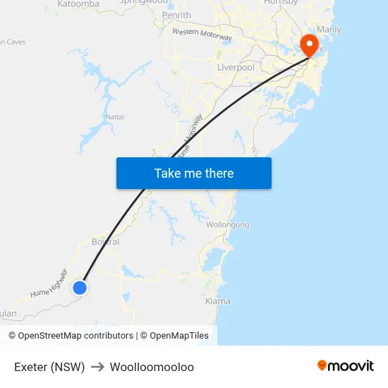 Exeter (NSW) to Woolloomooloo map