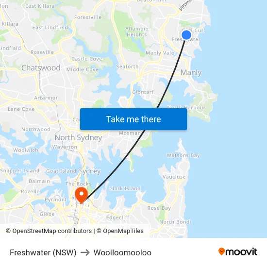 Freshwater (NSW) to Woolloomooloo map