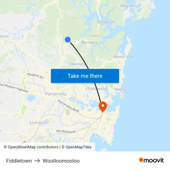 Fiddletown to Woolloomooloo map