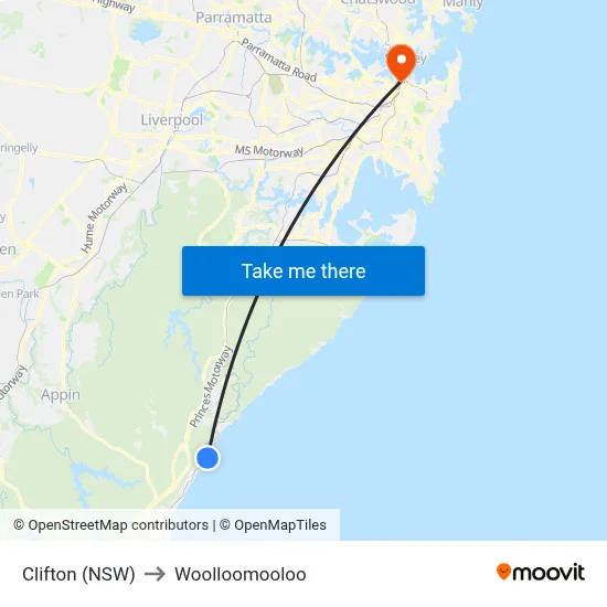 Clifton (NSW) to Woolloomooloo map